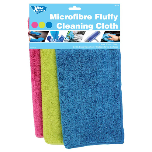 Xtra Kleen 3pk Fluffy Microfibre Cleaning Cloth 30cm x 30cm