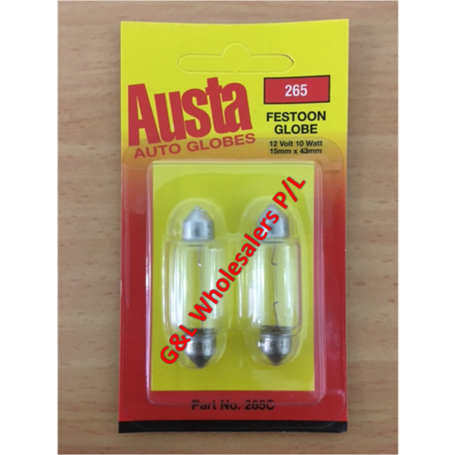 Austa Festoon 12v 10w DC (S8-5) 15 x 43mm 2 Per Card 10pk