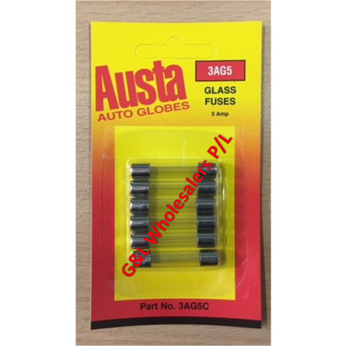 Austa Glass 5amp Fuse 16mm x 6.3mm 6pce Carded 10pk