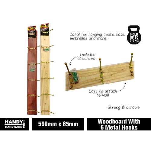 Handy Hardware Woodboard With 6 Metal Hooks