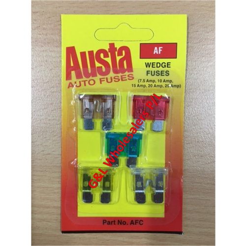Austa Wedge Blade Fuse Mixed 5pk Carded, 7.5amp, 10amp, 15amp, 20amp, 25amp, 10pk Box