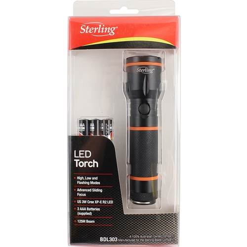 Sterling LED Torch 3w Cree 125m Beam 3AAA Batteries Supplied