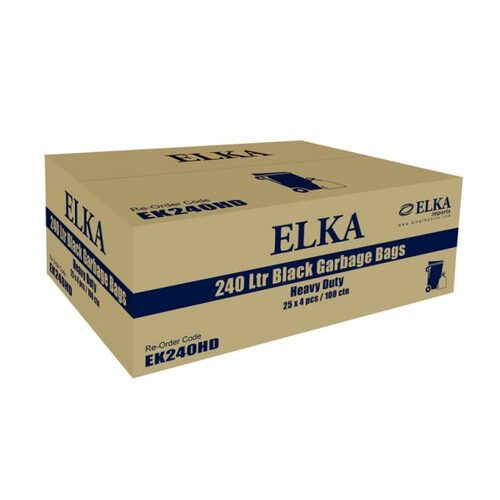 Elka 240L Black Garbage Bags Heavy Duty Carton of 100