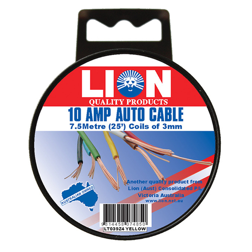 Lion Auto Cable 10amp x 3mm Yellow 7.5m