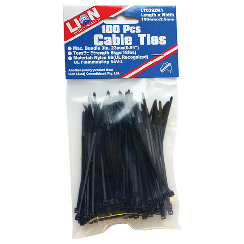 Lion Cable Ties 100pce 102 x 2.4mm Black