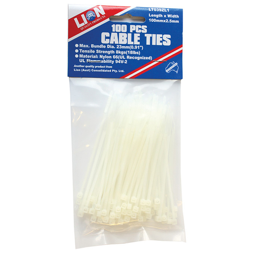 Lion Cable Ties 100pce 102 x 2.4mm White