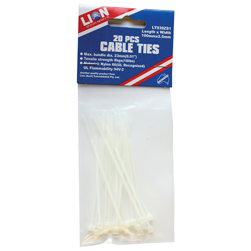 Lion Cable Ties 20pce 102mm x 2.4mm White