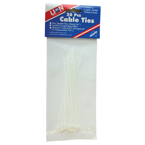 Lion Cable Ties 20pce 165mm x 2.4mm White