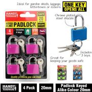 Padlock Keyed Alike Colour 20mm 4pk