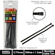 Cable Ties Releasable 250mm x 7.2mm 12pc
