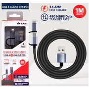 Charge & Sync USB A to USB C & 8-Pin 2-in-1 Polyester Cable - Suitable for iPhone & Android Devices - Grey - 1 metre 