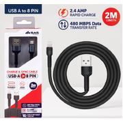 Charge & Sync USB A to 8 Pin Polyester Cable - Suitable for iPhone Devices - Grey & Black Assorted - 2 metre
