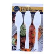 Premium Reusable Plastic Spoons 24pk - 18cm - White 