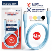 Charge & Sync USB-C to 8-Pin (Lightning) Short Cable 0.5m Pink, Yellow, Blue & Black - Suitable For iPhone Devices