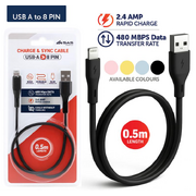 Charge & Sync USB-A to 8-Pin (Lightning) Short Cable 0.5m Pink, Yellow, Blue & Black - Suitable For iPhone Devices