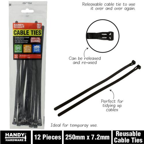 Cable Ties Releasable 250mm x 7.2mm 12pc