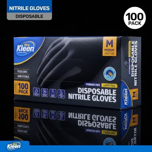 Gloves Powder Free Disposable - Nitrile - Black - Medium 100pk (Length 240mm x Palm Width 95mm x Thickness 0.10mm