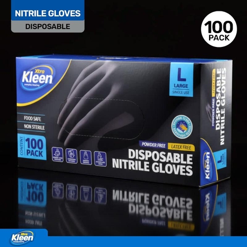 Gloves Powder Free Disposable - Nitrile - Black - Large 100pk (Length 245mm x Palm Width 105mm x Thickn ess 0.10mm) 