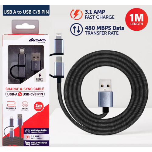 Charge & Sync USB A to USB C & 8-Pin 2-in-1 Polyester Cable - Suitable for iPhone & Android Devices - Grey - 1 metre 