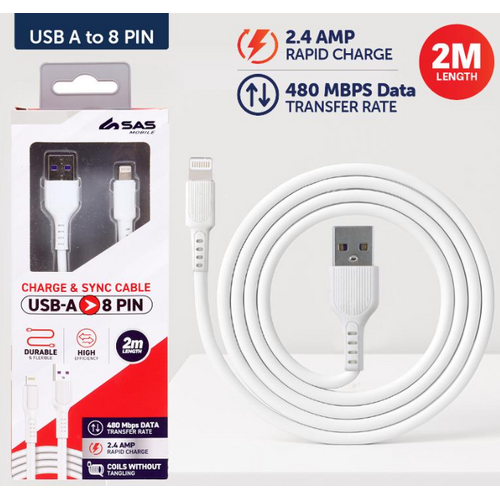 Charge & Sync USB A to 8 Pin PVC Cable - Suitable for iPhone Devices - White - 2 metre 