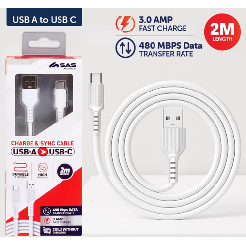 Charge & Sync USB A to Type C PVC Cable - White - 2 metre 