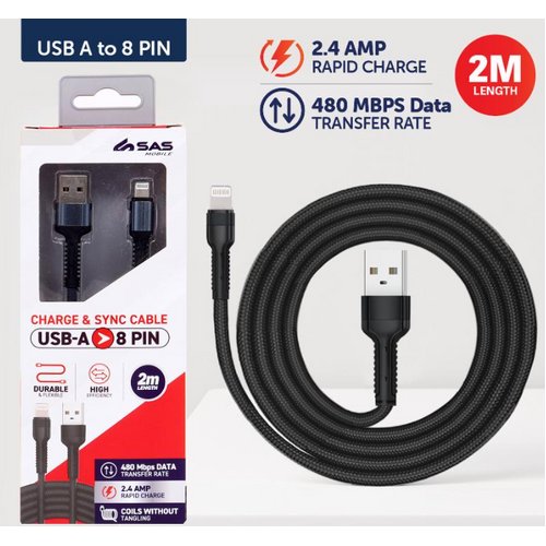 Charge & Sync USB A to 8 Pin Polyester Cable - Suitable for iPhone Devices - Grey & Black Assorted - 2 metre