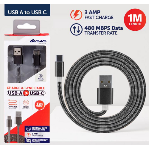 Charge & Sync USB A to Type C Metal Cable - Black, Rose Gold & Gold Assorted - 1 metre