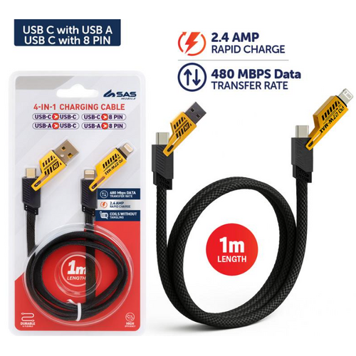Charge & Sync Universal 4in1 Cable 1m Yellow & Black Suitable For iphone & Android Devices 