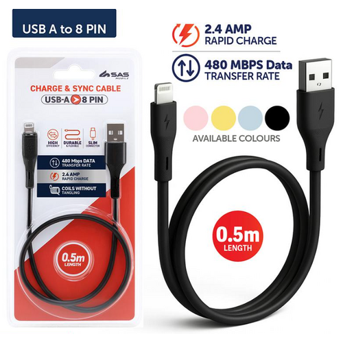 Charge & Sync USB-A to 8-Pin (Lightning) Short Cable 0.5m Pink, Yellow, Blue & Black - Suitable For iPhone Devices